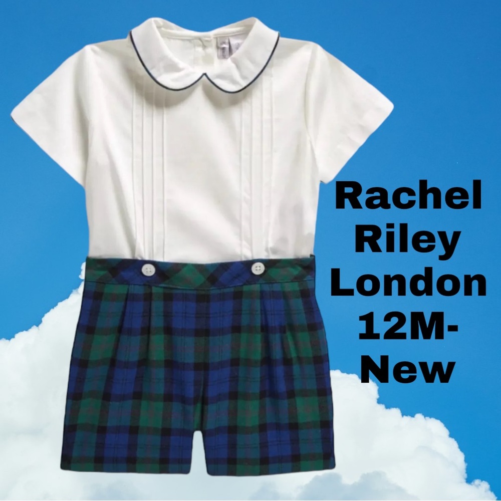 NEW-Rachel Riley London 12M Baby Boy Christmas outfit Tartan Shirt & Shorts Set